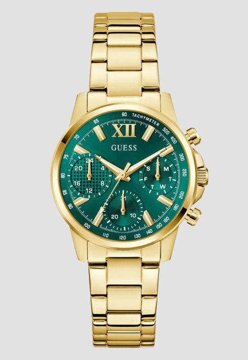 Relógio Redondo Multifuncional Aço Verde Dourado