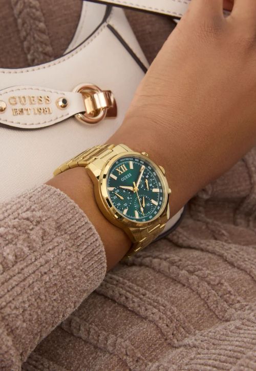 Relógio Redondo Multifuncional Aço Verde Dourado