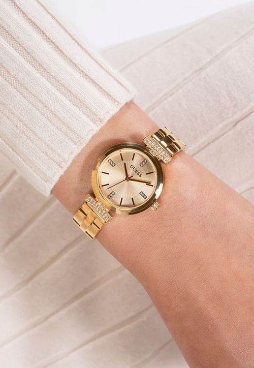 Relógio Redondo Analógico Cristais Dourado