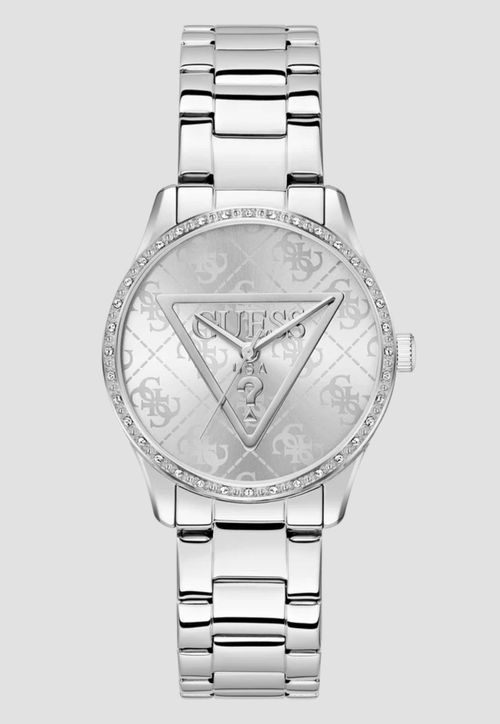 Relógio Redondo Logo Cristais Prata