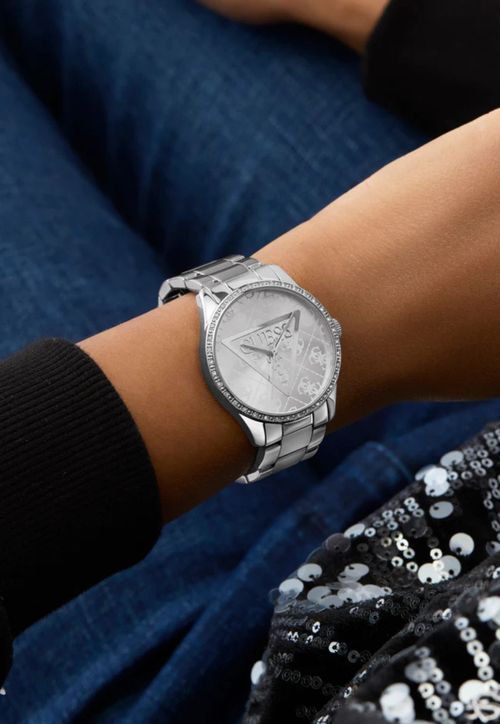 Relógio Redondo Logo Cristais Prata