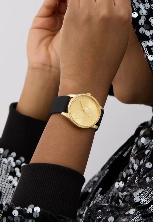 Relógio Redondo Logo Cristais Dourado Preto