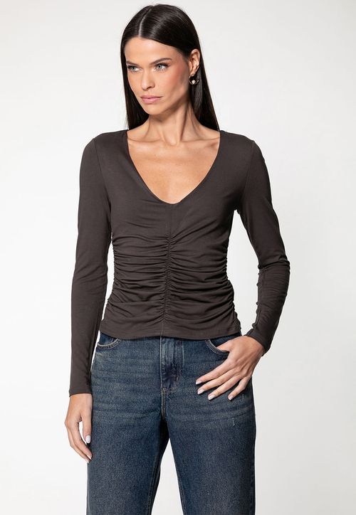 Blusa Manga Longa Franzido Decote V Marrom