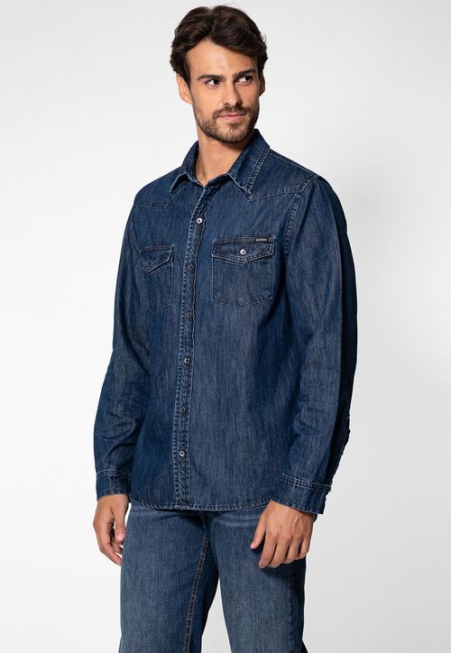 Camisa Jeans Bolsos Azul Escuro