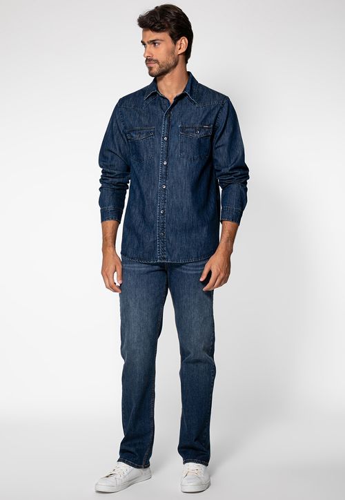 Camisa Jeans Bolsos Azul Escuro