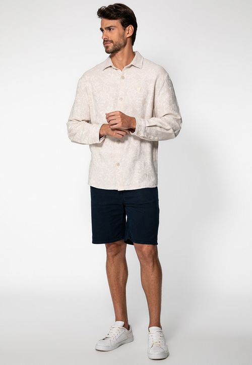 Camisa Linho Manga Longa Jacquard Bege