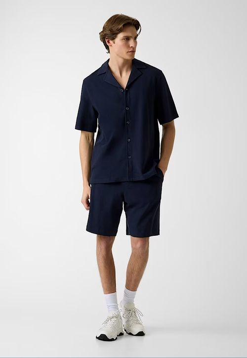 Camisa Malha Manga Curta Textura Azul Escuro