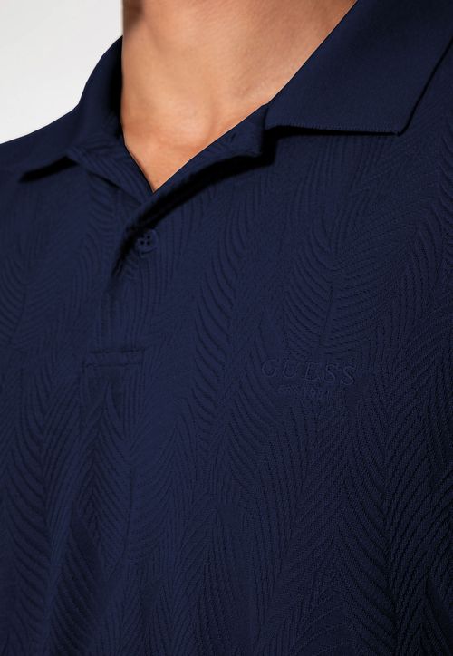 Camisa Polo Jacquard Folhagem Azul Marinho