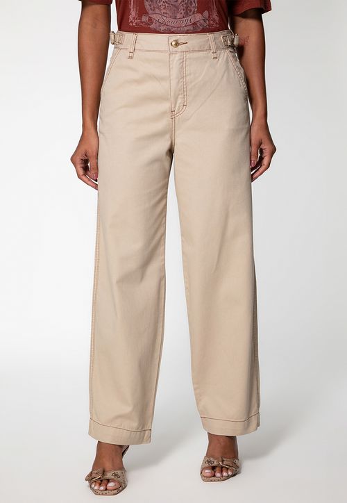 Calça Sarja Wide Leg Pesponto Contraste Bege