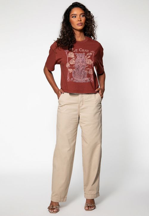 Calça Sarja Wide Leg Pesponto Contraste Bege