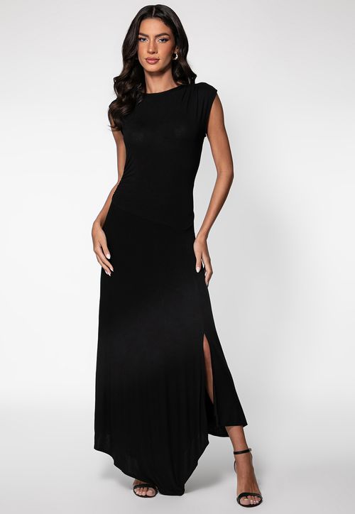 Vestido Longo Viscose Recortes Preto