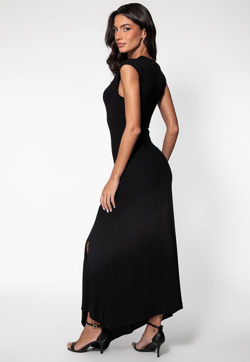 Vestido Longo Viscose Recortes Preto