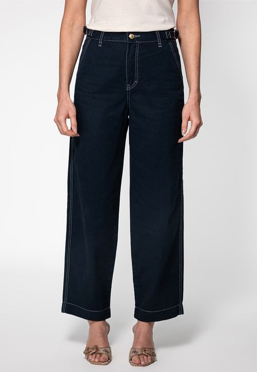 Calça Sarja Wide Leg Pesponto Contraste Azul Escuro