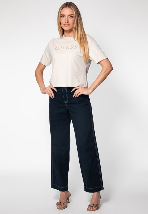 Calça Sarja Wide Leg Pesponto Contraste Azul Escuro