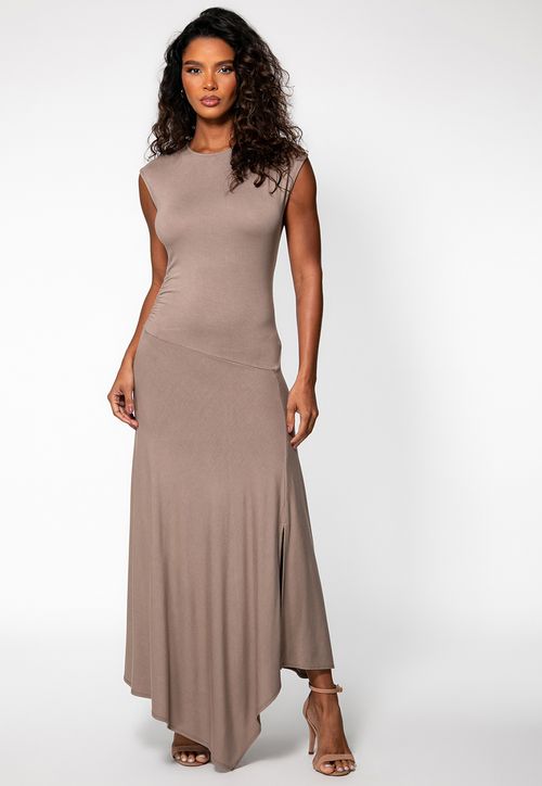 Vestido Longo Viscose Recortes Bege