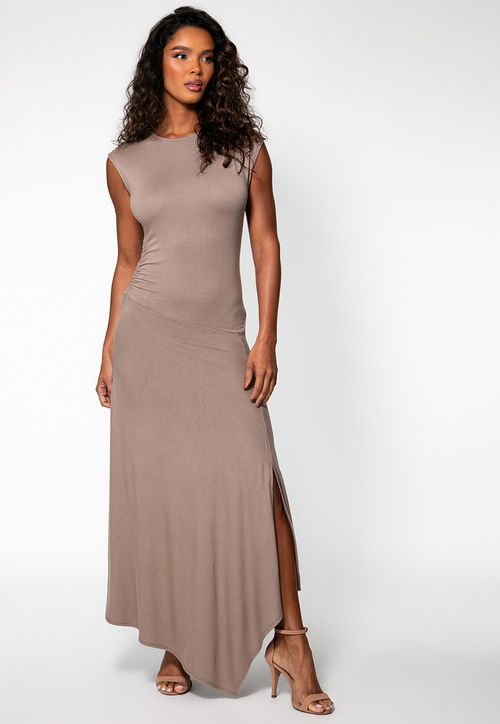 Vestido Longo Viscose Recortes Bege