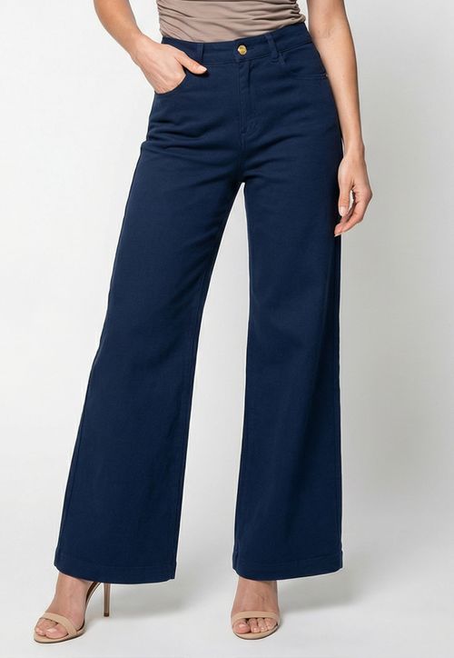 Calça Wide Leg em Sarja Azul Escuro