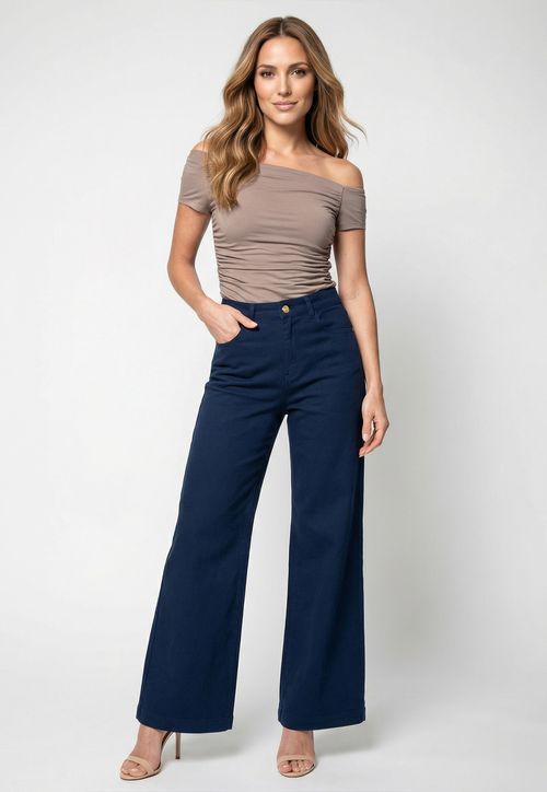 Calça Wide Leg em Sarja Azul Escuro