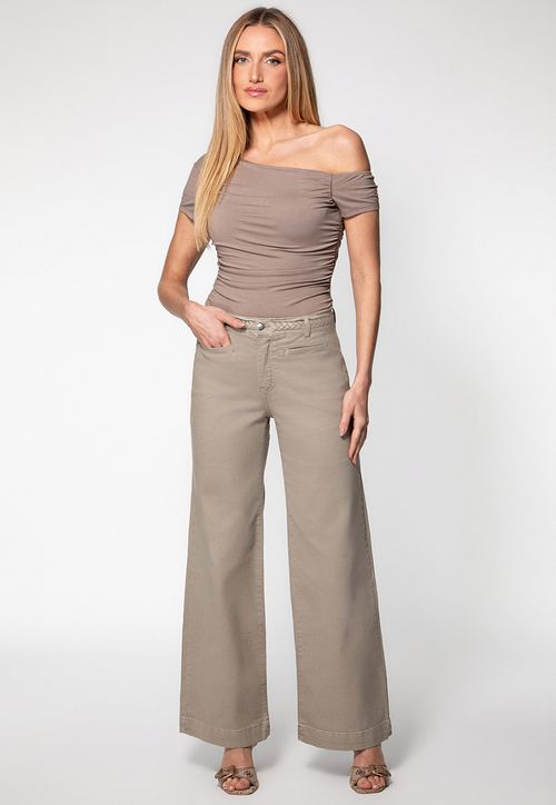 Calça Sarja Wide Leg Trança Cós Verde Musgo
