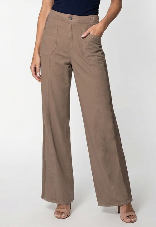 Calça Reta Bolsos Frente Faixa Lateral Marrom