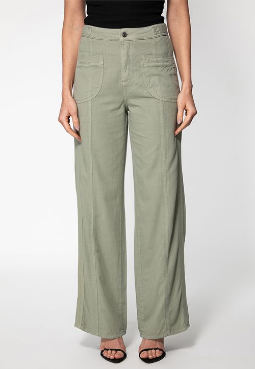 Calça Reta Bolsos Frente Faixa Lateral Verde Musgo