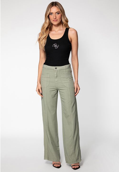 Calça Reta Bolsos Frente Faixa Lateral Verde Musgo