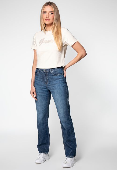 Camiseta Guess Bordado Hotfix Bege