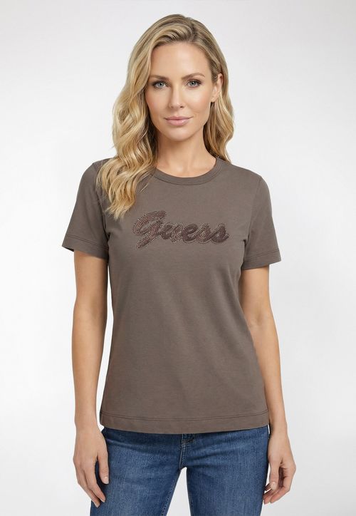 Camiseta Guess Bordado Hotfix Marrom