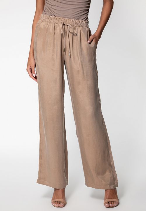 Calça Acetinada Eco de Cós Elástico Bege