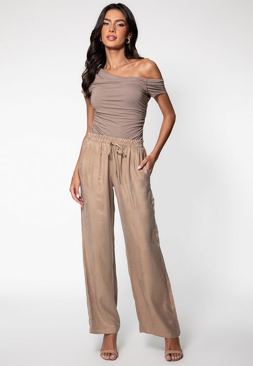 Calça Acetinada Eco de Cós Elástico Bege