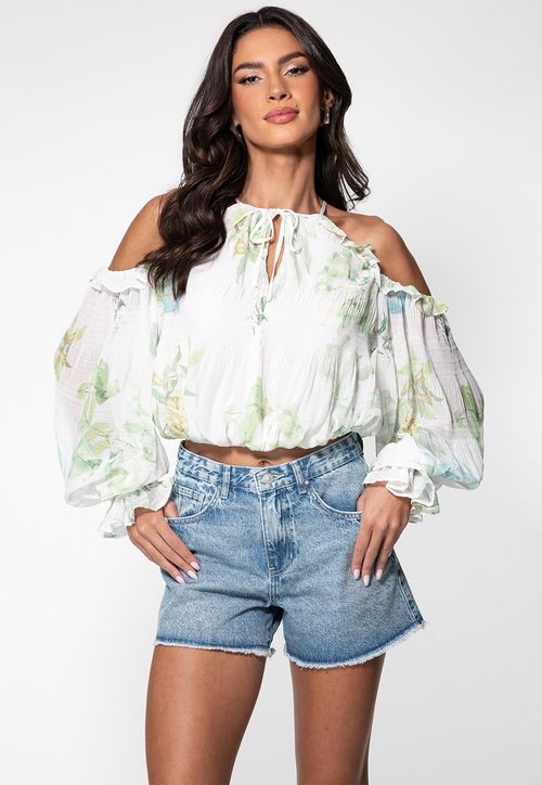 Blusa Chiffon Estampa Garden Lilies Off White