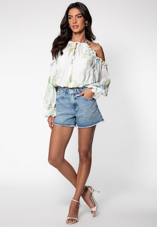 Blusa Chiffon Estampa Garden Lilies Off White