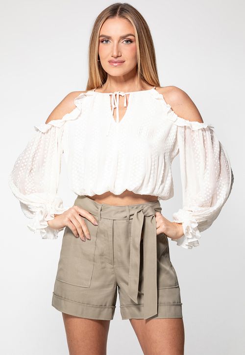 Blusa Manga Longa Chiffon Trabalhado Off White