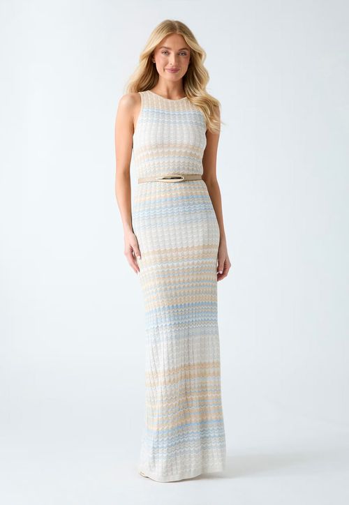 Vestido Longo Tricot Eco Ponto Trabalhado Bege