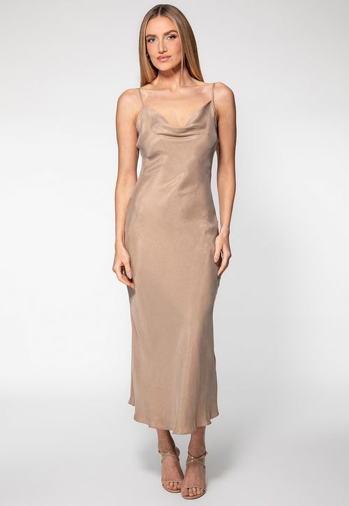Vestido Longo Acetinado Alça Fina Eco Bege