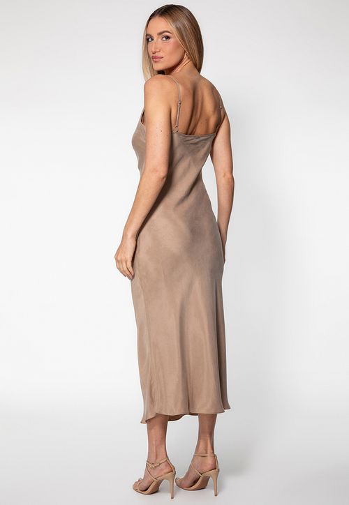 Vestido Longo Acetinado Alça Fina Eco Bege
