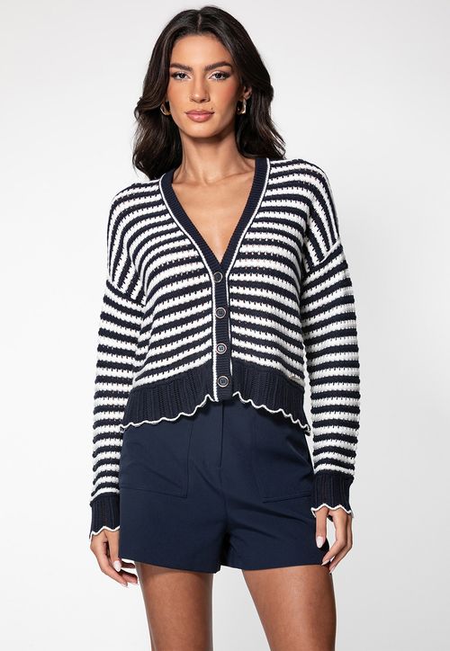 Cardigan Tricot Eco Listrado Azul Marinho