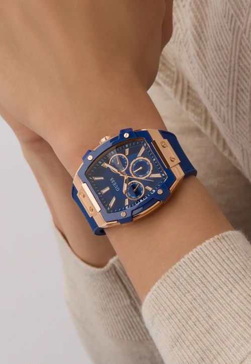 Relógio Multifunção Aço Rosé Pulseira Azul