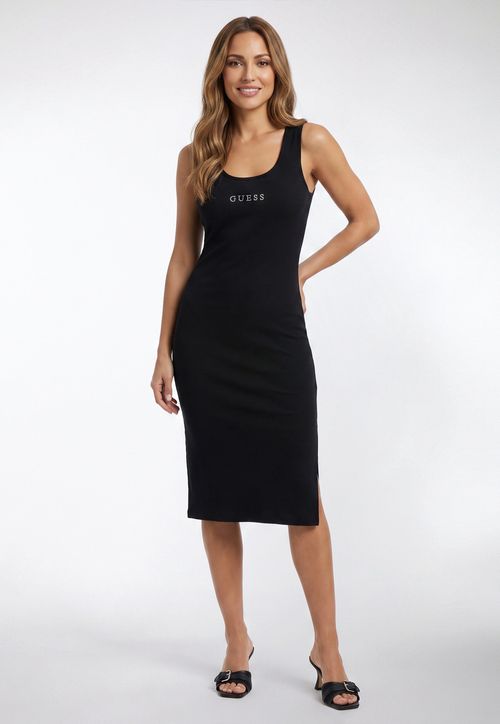 Vestido Midi Canelado Hotfix Preto