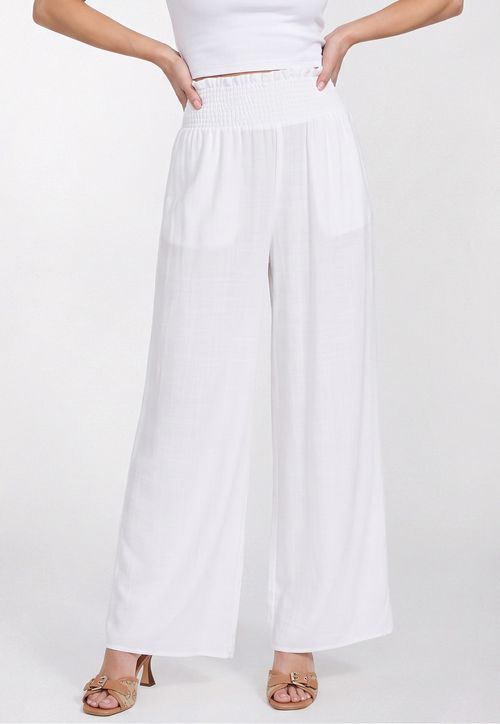 Calça Wide Leg Elástico Visco Linho Branco