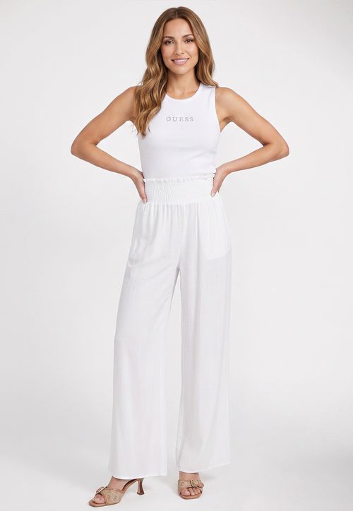 Calça Wide Leg Elástico Visco Linho Branco