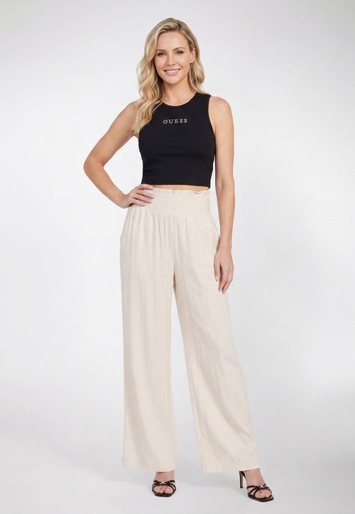 Calça Wide Leg Elástico Visco Linho Off White
